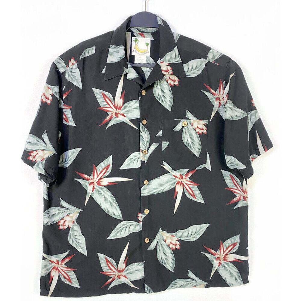 Banana Cabana Silk Shirt Men's Size Extra Large Hawaiian Button Up Black Green